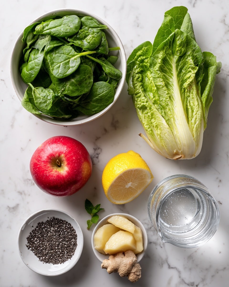 The image shows fresh ingredients placed neatly on a white marbled surface. At the center top, there is a white bowl full of green baby spinach leaves. To the right of it lies a fresh romaine lettuce with light and dark green leaves. Below the spinach bowl, there is a bright red apple, and next to it on the right, half of a lemon with a yellow color. Below the apple, a small piece of light brown ginger root is placed, and nearby, a small bunch of fresh green mint leaves. At the bottom left corner, a tiny white bowl holds black chia seeds, and next to it, a white bowl contains frozen banana pieces with a pale yellow color. On the bottom right, a clear glass jug filled with water completes the layout. Each ingredient is labeled clearly with white tags and black text. The whole setting is bright and clean, photo taken with an iphone --ar 4:5 --v 7