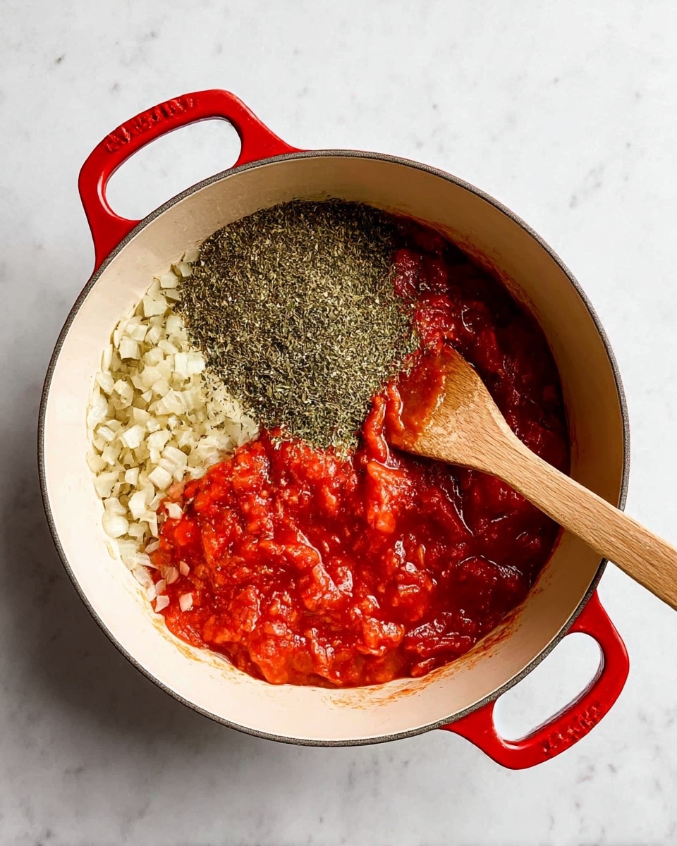 A large white pot with red handles sits on a white marbled surface filled with three visible layers: finely chopped cooked onions at the bottom left, a heap of green dried herbs layered above the onions, and thick red crushed tomatoes covering the right side, with a wooden spatula resting inside the pot on the right edge touching the tomato layer. photo taken with an iphone --ar 4:5 --v 7