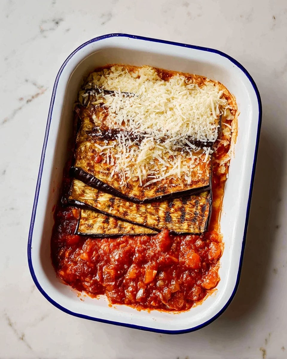 A white rectangular dish with a blue rim shows a layered dish starting with three grilled eggplant slices arranged horizontally in the center. The eggplant has a dark brown grilled texture with some char marks. On top of the eggplant slices, there is a thin layer of shredded white cheese scattered unevenly. On one side of the eggplant, a chunky, thick tomato sauce with visible pieces of tomato and onion covers about half of the dish, rich in deep red color. The dish rests on a white marbled surface. photo taken with an iphone --ar 4:5 --v 7