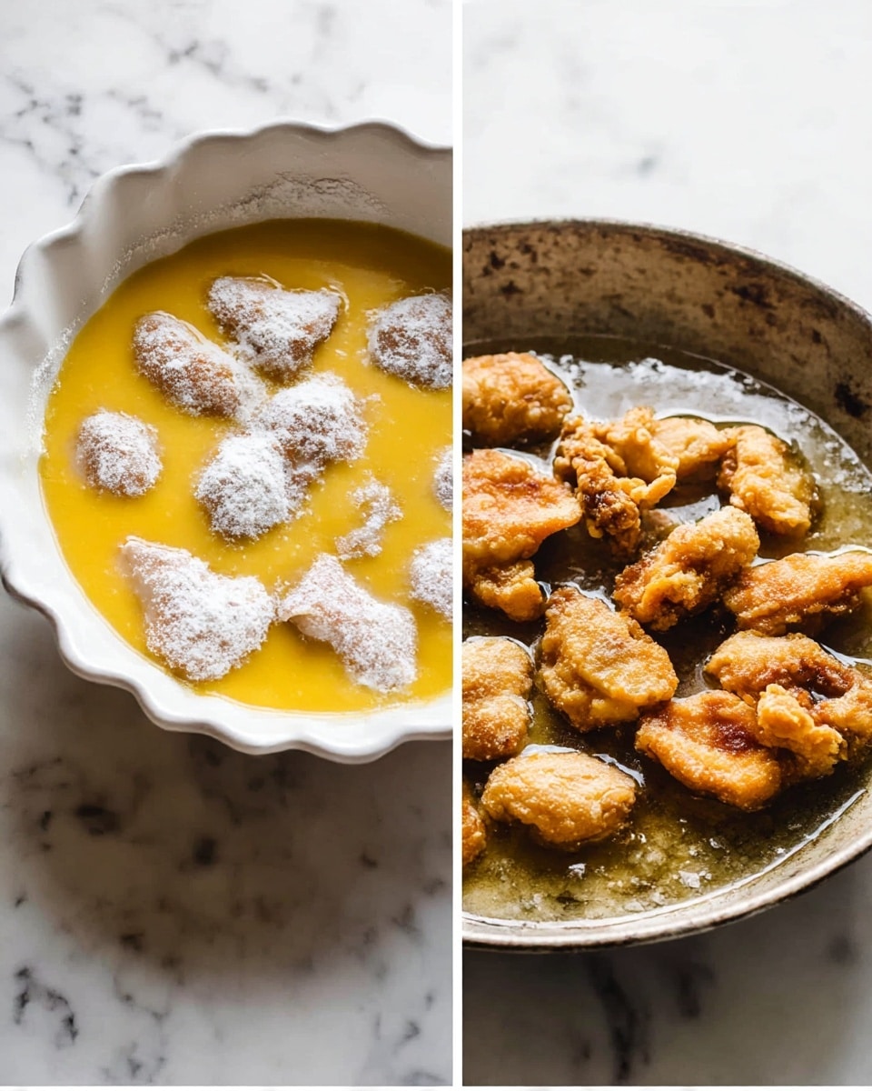 The image is split into two parts; the left side shows a white scalloped bowl filled with a thick yellow egg mixture, with pieces of raw chicken coated in white flour resting on top, scattered in the egg layer. On the right side, a rustic metal pan holds golden brown fried chicken pieces sizzling in oil, with some pieces darker than others, showing a crispy texture. The background in both parts is a white marbled surface. The photo taken with an iphone --ar 4:5 --v 7