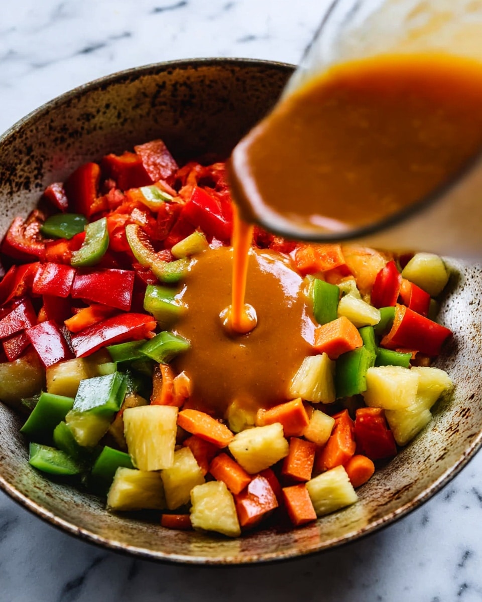 A rustic pan filled with vibrant chopped vegetables and diced pineapple pieces forms the base layer, showcasing a mix of red and green bell peppers along with orange carrot chunks, all with a fresh and glossy texture. A thick orange-brown sauce is being poured in the center, creating a rich, flowing middle layer that contrasts with the solid colors of the vegetables, while the pan itself has a worn, speckled metal look. The background is a white marbled surface. photo taken with an iphone --ar 4:5 --v 7