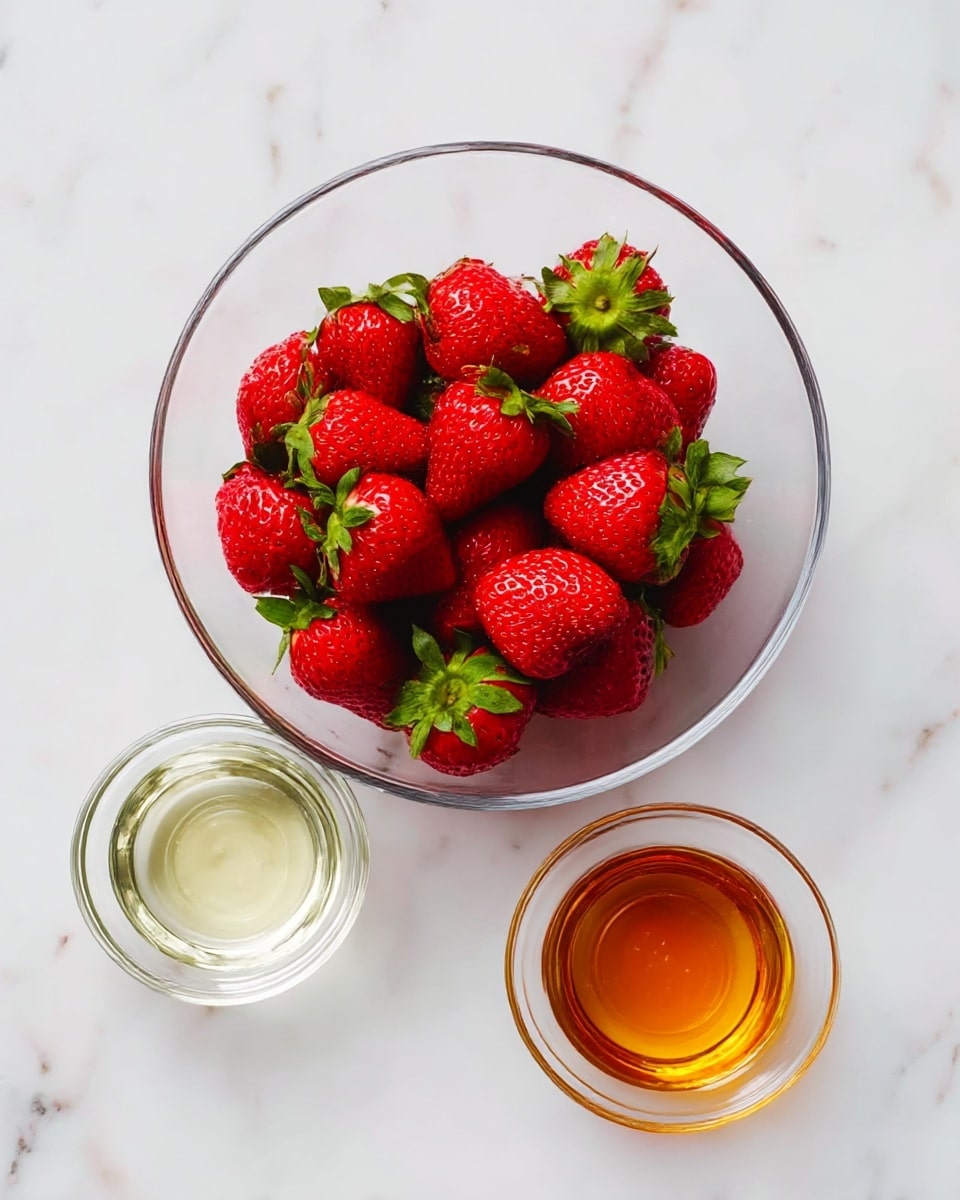 A clear glass bowl filled with many fresh red strawberries with green leaves on top is placed on a white marbled surface. Next to the bowl, there are two small clear glass bowls, one filled with a clear liquid and the other with a golden amber liquid. The setup is simple and clean, showing bright and vibrant colors of the strawberries with smooth textures on the liquids. photo taken with an iphone --ar 4:5 --v 7