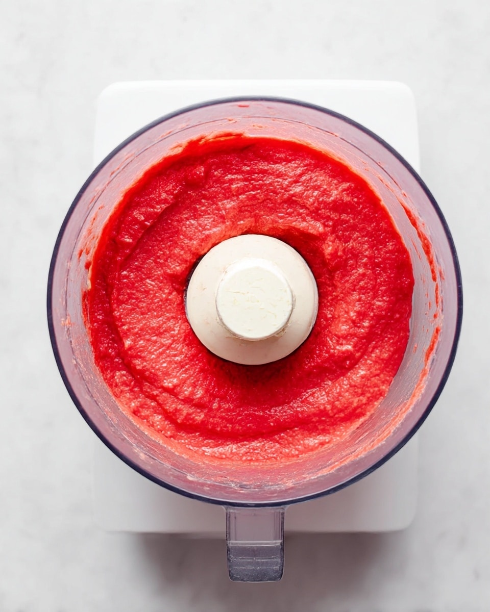 The image shows a top view of a food processor filled with a smooth, bright red mixture that looks thick and evenly blended. The mixture spreads evenly inside the clear bowl of the processor, which sits on a white base. The background is a white marbled surface with soft light coming from above, highlighting the bright color and texture of the mixture. The center has a white, round blade cover surrounded by the red mixture. Photo taken with an iphone --ar 4:5 --v 7