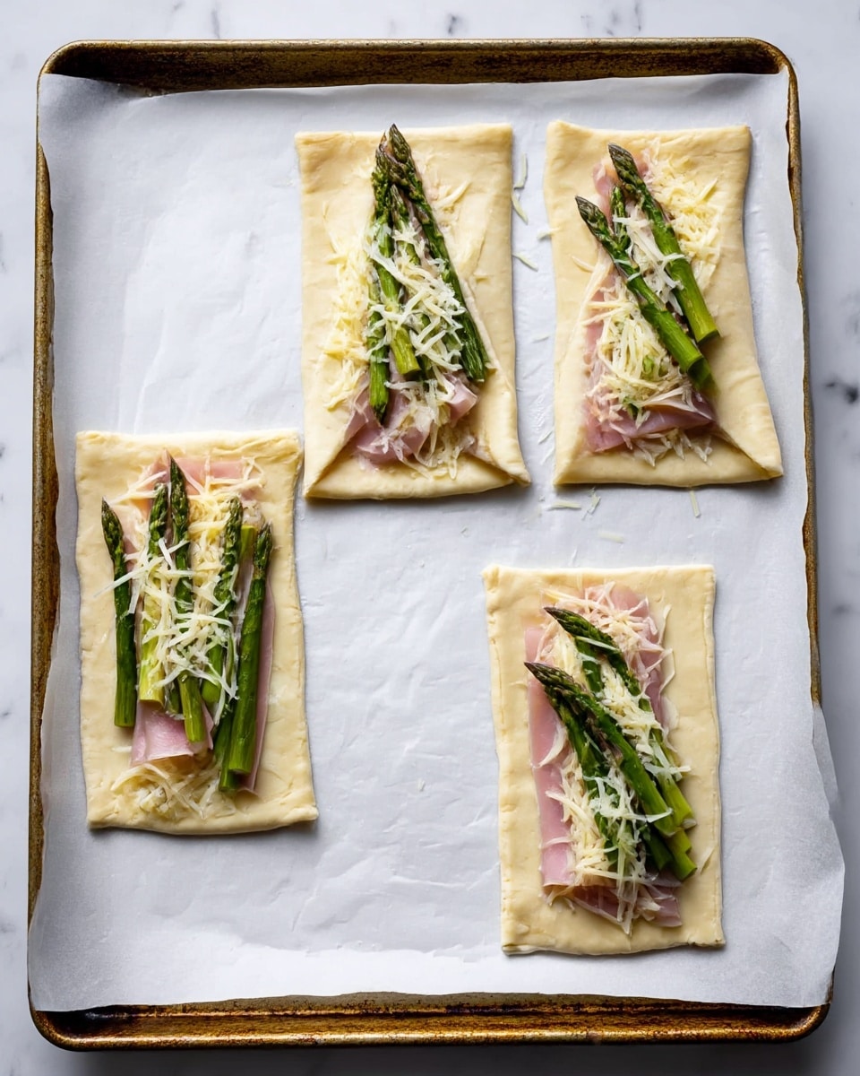 The image shows four rectangular dough pieces on white parchment paper over a baking tray with a rustic texture. Each dough piece has a layer of thin pink meat, topped with several green asparagus stalks placed diagonally, and sprinkled with shredded light yellow cheese. The top two dough pieces are partly folded, wrapping the filling in a neat triangular shape, with the light yellow cheese and green asparagus tips peeking out at the top. The bottom two dough pieces are flat, fully showing the layers. The whole scene is set on a white marbled surface. Photo taken with an iphone --ar 4:5 --v 7