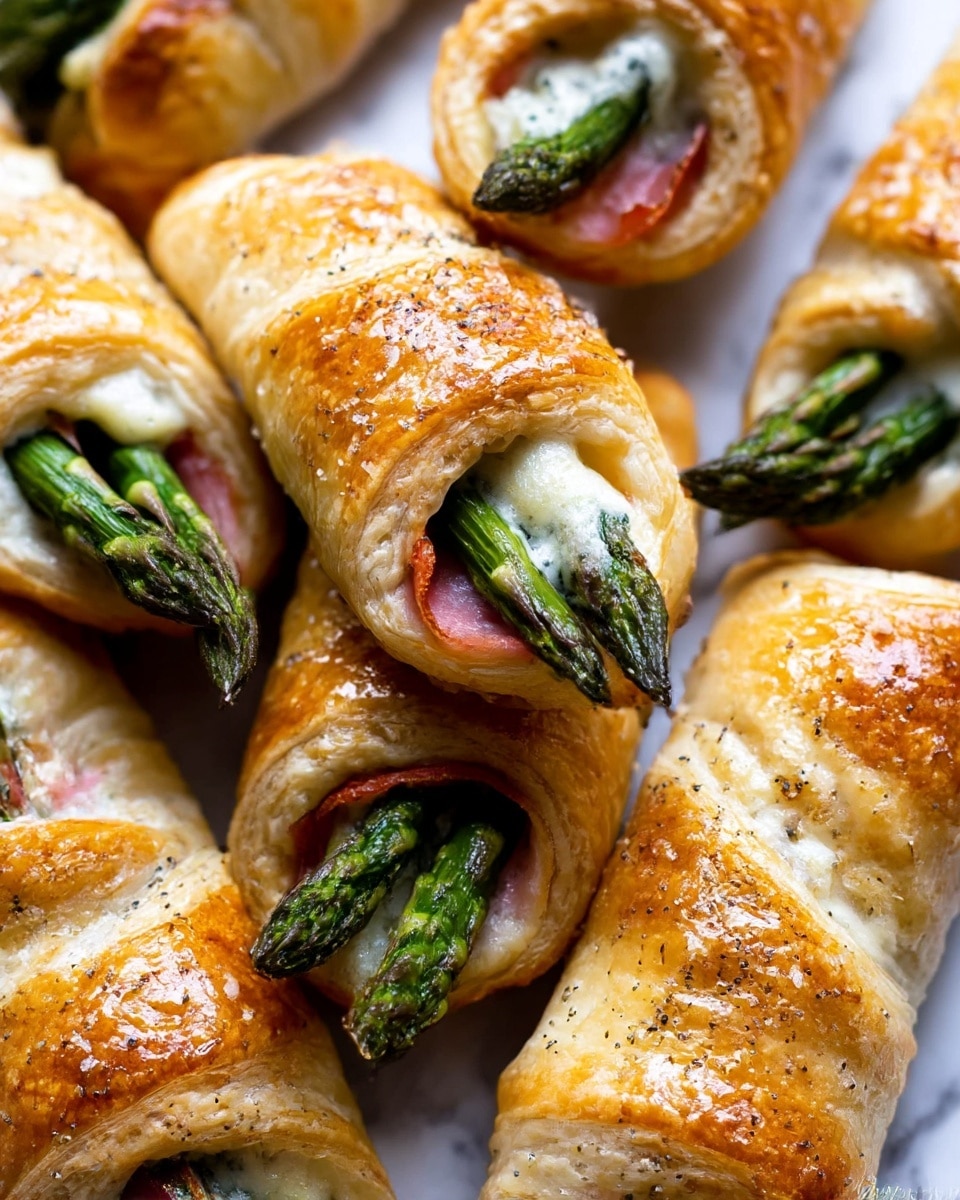 The image shows several golden brown puff pastry rolls arranged close together, each pastry wrapped around layers including bright green asparagus tips and a light melted cheese layer, with some rolls also showing a hint of pink ham inside. The pastries have a shiny, slightly flaky texture with visible coarse salt and black pepper sprinkled on top. The asparagus stalks peek out from the open ends, offering a sharp contrast to the warm golden pastry. The background is a white marbled surface. Photo taken with an iphone --ar 4:5 --v 7