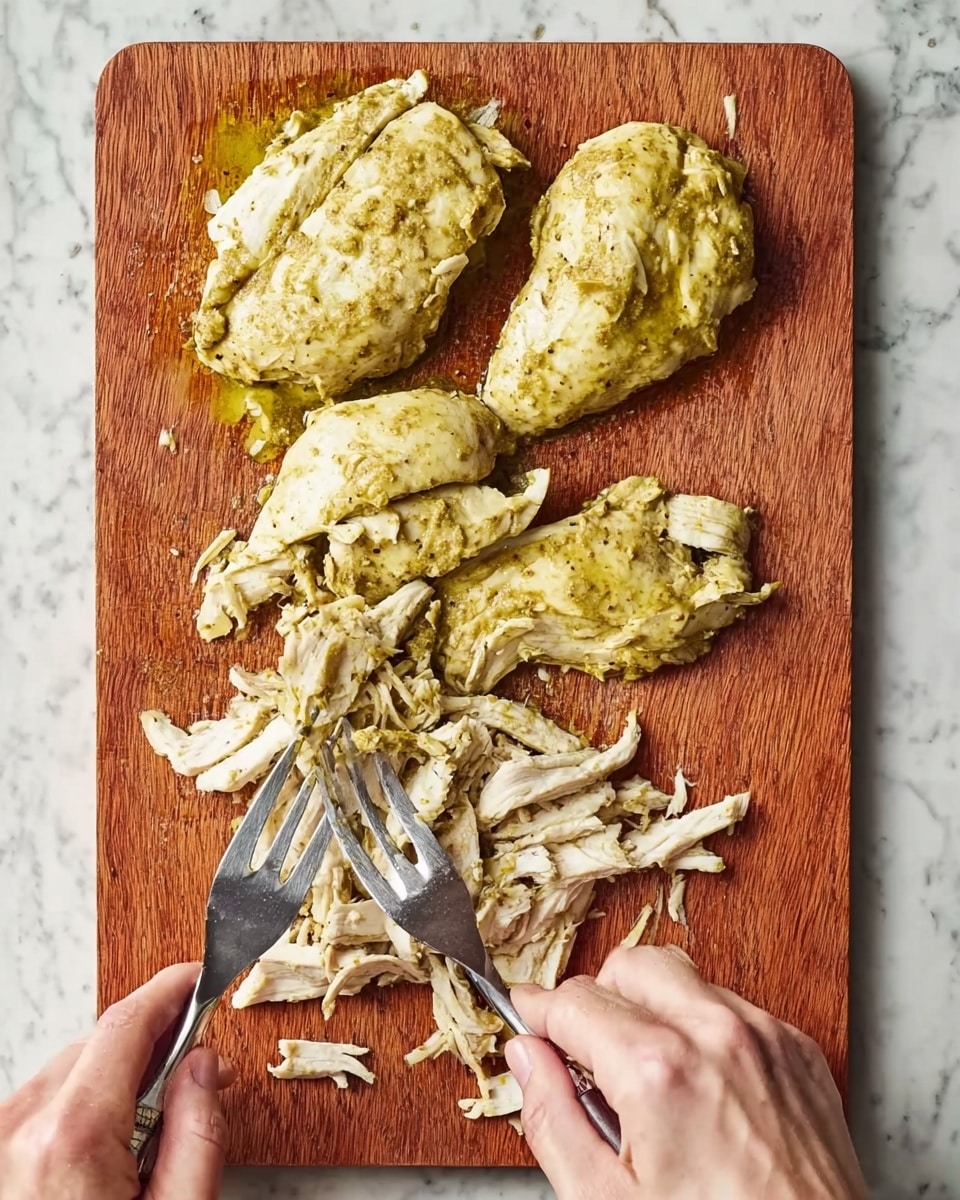 On a wooden cutting board placed on a white marbled surface, three cooked chicken pieces are visible, each covered with a greenish-yellow sauce. The top piece is being shredded into strips by two metal forks held by a woman's hands, with shredded bits spread to the side. The chicken's texture looks tender and moist, contrasting with the smooth cutting board. photo taken with an iphone --ar 4:5 --v 7