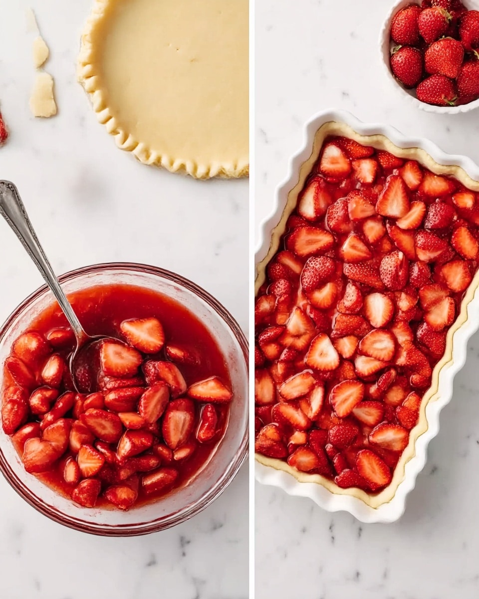 The image shows two scenes side by side on a white marbled surface. On the left, there is a clear glass bowl filled with bright red sliced strawberries coated in a glossy red sauce, with a silver spoon resting inside. A piece of unbaked dough is visible behind the bowl with crimped edges. On the right, the strawberries and sauce are spread evenly inside a white rectangular baking dish with a scalloped edge, showing many strawberry slices layered flat. The colors are mainly red from the strawberries and white from the dish and background. Photo taken with an iphone --ar 4:5 --v 7