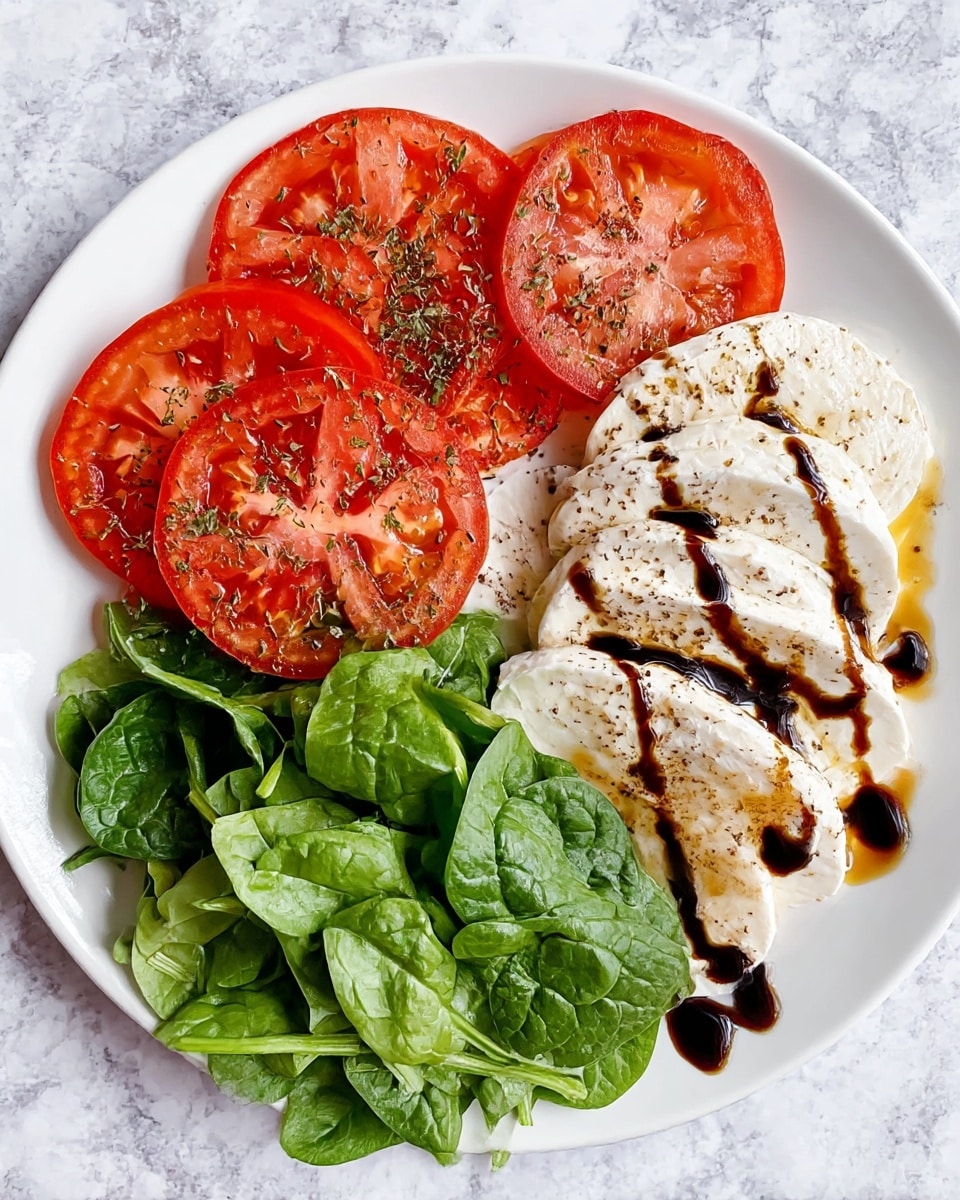A white plate on a white marbled surface holds a simple salad with three main parts. On the left side, several round, thin slices of bright red tomato are laid overlapping, sprinkled lightly with herbs. On the right, there are uneven oval slices of white mozzarella cheese, some slightly stacked, drizzled with a dark balsamic glaze and sprinkled with black pepper. In the front center, a small pile of fresh green spinach leaves also has balsamic glaze drizzled on top. The colors are bright and fresh, with the red, white, and green forming a classic combination. Photo taken with an iphone --ar 4:5 --v 7