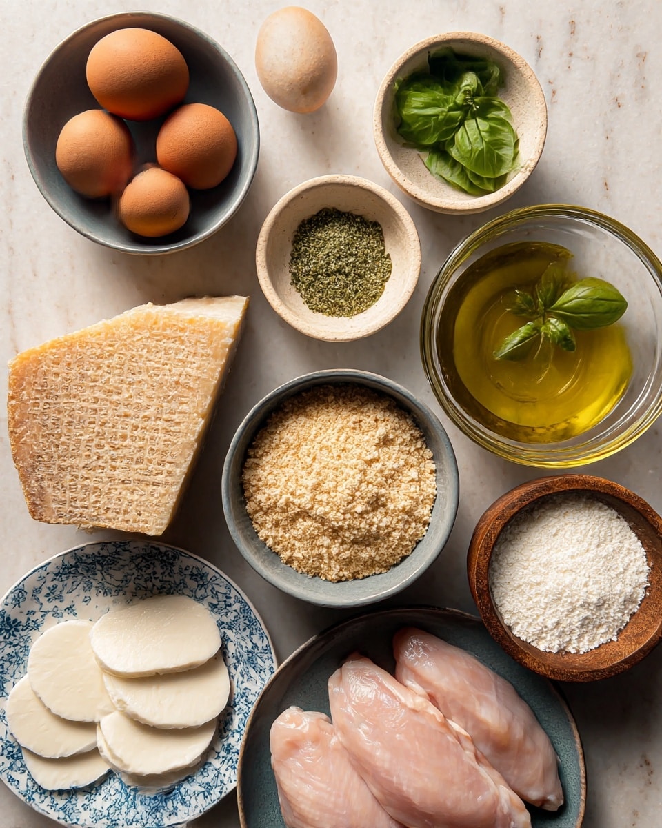The image shows a collection of cooking ingredients arranged neatly on a white marbled texture. There are three brown eggs in a small gray bowl at the top left, a chunk of hard cheese with a textured rind placed below the eggs, and a small beige bowl with green herbs and garlic powder next to the cheese. To the right of these is a clear glass bowl filled with golden olive oil, with fresh green basil leaves beside it. Below the oil is a large gray bowl full of coarse bread crumbs, and next to it is a wooden bowl filled with white flour. At the bottom right, two pieces of raw, light pink chicken lay on a gray plate. In the bottom left corner, several slices of white mozzarella cheese are arranged on a white plate with a blue floral pattern. photo taken with an iphone --ar 4:5 --v 7
