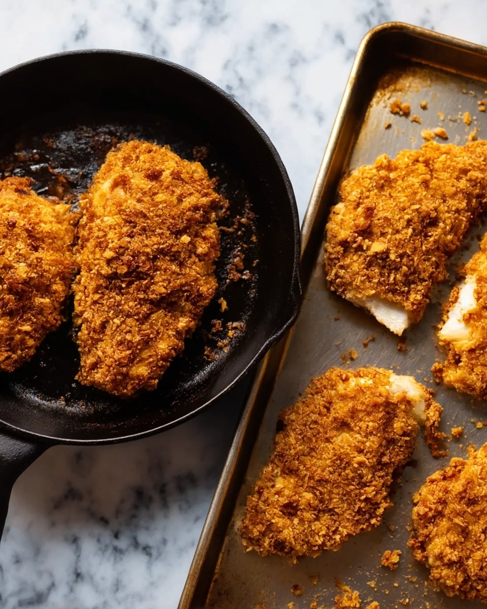 The image shows two close-up views of golden brown crispy coated chicken on a black cast iron pan and a metal baking sheet, both on a white marbled surface. On the left, two pieces of chicken with crumbly, textured coating and browned edges sit in a slightly oily black pan with a matte finish. On the right, four similar pieces of crispy chicken with evenly browned and rough crumb layers lie next to each other on a silver metal surface, with small crumbs scattered around. The chicken pieces have irregular shapes with some white meat slightly visible beneath the crunchy coating. photo taken with an iphone --ar 4:5 --v 7