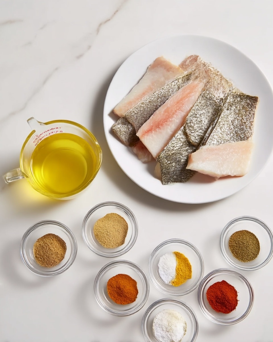 A white plate holds five pieces of fish skin, showing smooth light pink flesh on one side and rough gray skin on the other. Next to the plate, there is a glass measuring cup filled with yellow liquid. In front of these, there are eight small clear round bowls arranged in two rows, each containing a different spice or powder in colors of brown, beige, yellow, orange, red, white, and green. The whole setup is on a white marbled surface. Photo taken with an iphone --ar 4:5 --v 7