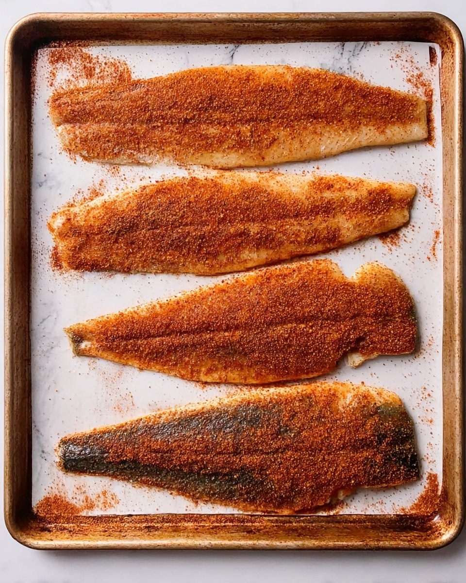 There are four raw fish fillets on a baking tray with a white marbled textured surface underneath. Each fillet is spread out flat and coated evenly with a reddish-brown spice mix that looks coarse and granular. The top two fillets are lighter in color, with the spice mix covering most of their surface, showing a slightly moist texture. The bottom two fillets have dark skin on one side, visible beneath the spice mix, which covers more densely, creating a textured look. The tray edges are visible, showing slight discoloration from use. photo taken with an iphone --ar 4:5 --v 7