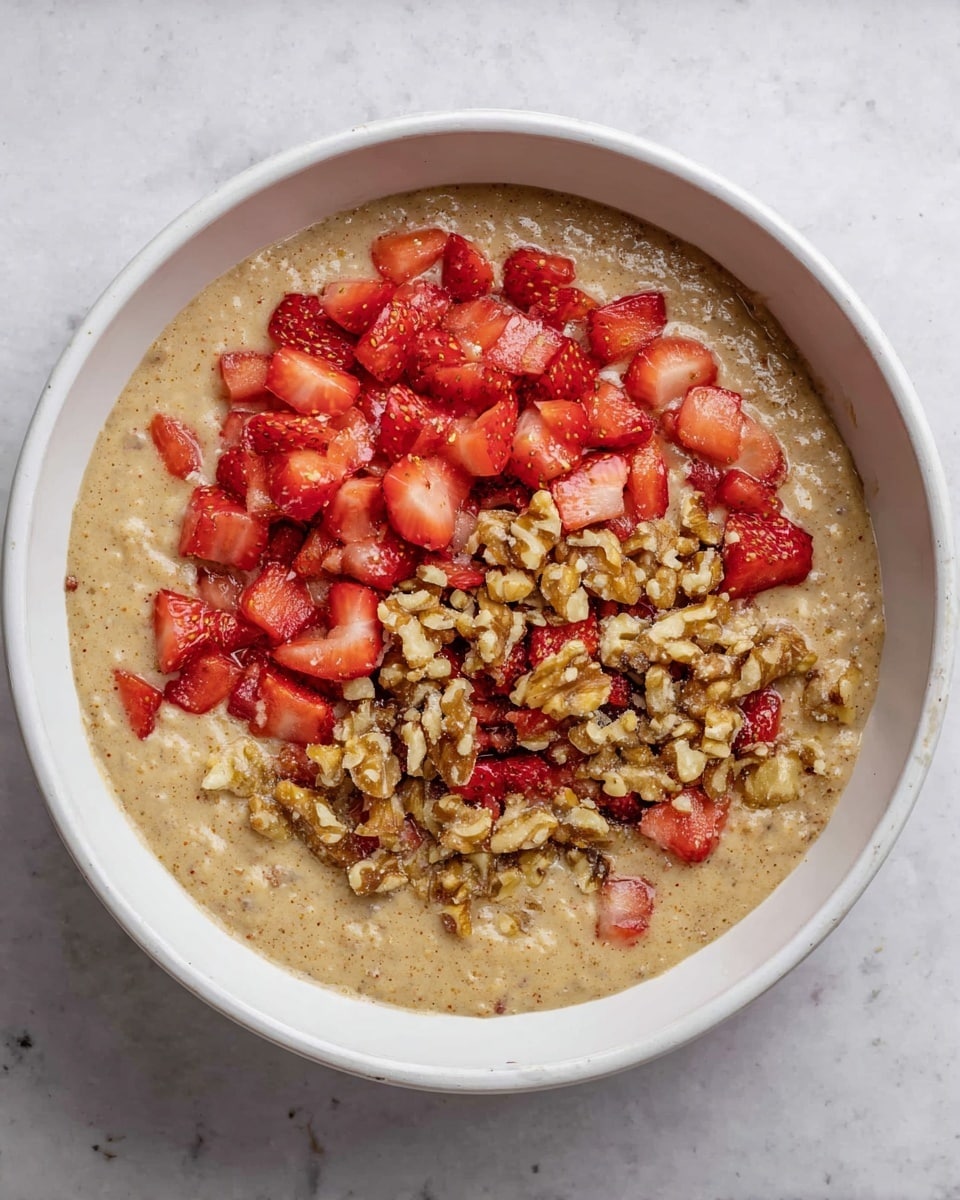 A white bowl filled with a thick, light brown batter spread evenly across the bottom. On top, there are two distinct layers at the center: one side has a rough layer of chopped walnuts with a light tan and uneven texture, and the other side has bright red, small diced strawberries that add a fresh, juicy contrast. The bowl sits on a white marbled surface. photo taken with an iphone --ar 4:5 --v 7