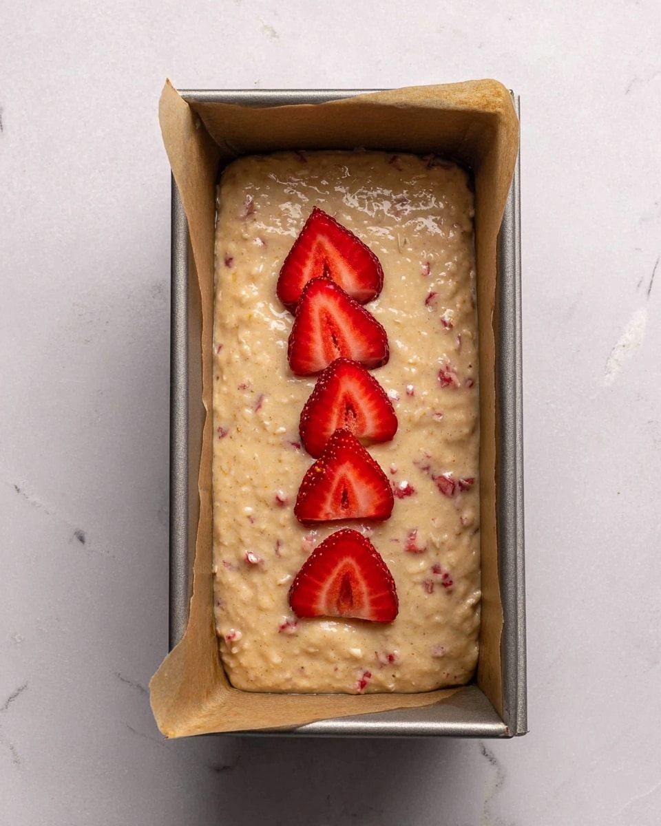A loaf pan lined with parchment paper holds a thick, beige batter with visible small bits of red mixed inside. On top of the batter, four bright red strawberry slices are arranged in a row down the center. The pan is set on a white marbled surface. photo taken with an iphone --ar 4:5 --v 7