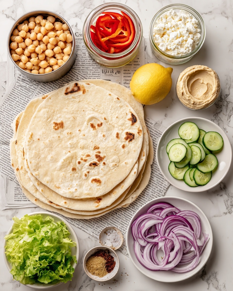 A flat stack of several light beige flour tortillas with faint toasted spots lies on the bottom left, atop newspaper on a white marbled surface. To the right, a white plate holds thin slices of purple onion arranged in loose rings, and above it, another white plate shows a neat pile of pale green cucumber slices with slightly darker edges. Above the tortillas, a small white dish contains a creamy light tan hummus with smooth swirls. Nearby, a small glass jar is filled with white crumbled goat cheese, while a bright yellow lemon sits to its right. Toward the top center, a glass jar contains vibrant red roasted pepper strips. To the left, an open metallic tin is filled with round, pale beige chickpeas. Next to it, a small metal cup holds fresh bright green lettuce leaves. On the bottom right, a small white plate holds spices including chili powder, garlic powder, salt, and black pepper, alongside a tiny glass bowl of golden olive oil. Photo taken with an iphone --ar 4:5 --v 7