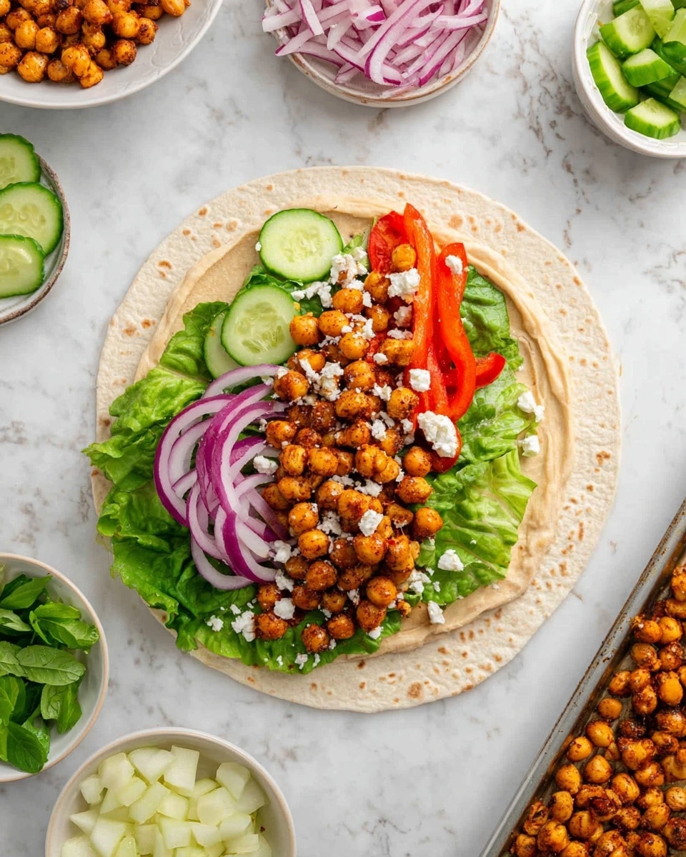 A flat tortilla wrap lays open on a white marbled surface, starting with a smooth layer of light beige hummus spread evenly across the base. On top, there are bright green lettuce leaves spread out, followed by thin, round slices of cucumber forming a neat layer. Next, thin rings of purple-red onion and thin strips of roasted red pepper are added, creating a colorful mix. The main topping is a pile of golden roasted chickpeas, some slightly browned with a crispy texture. Small crumbles of white cheese are scattered over the chickpeas and other vegetables. Around the wrap, there are small white bowls with sliced cucumber, loose green lettuce, thin onion slices, and a metal tray with more roasted chickpeas, all placed on the white marbled background. Photo taken with an iphone --ar 4:5 --v 7