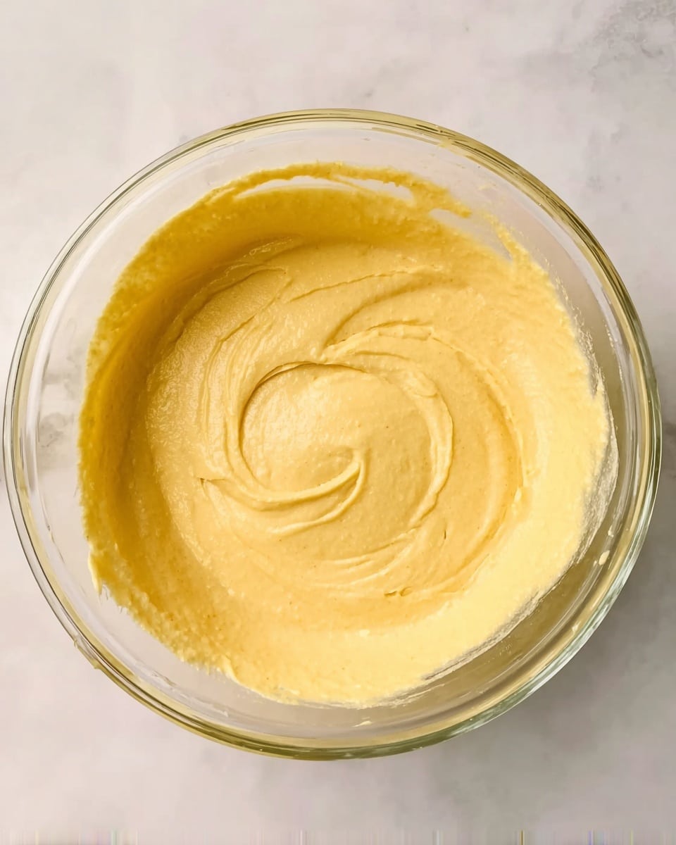 A clear glass bowl filled with a thick, smooth batter that is light yellow in color, showing a creamy texture with visible swirls on the surface from mixing, placed on a white marbled surface. photo taken with an iphone --ar 4:5 --v 7