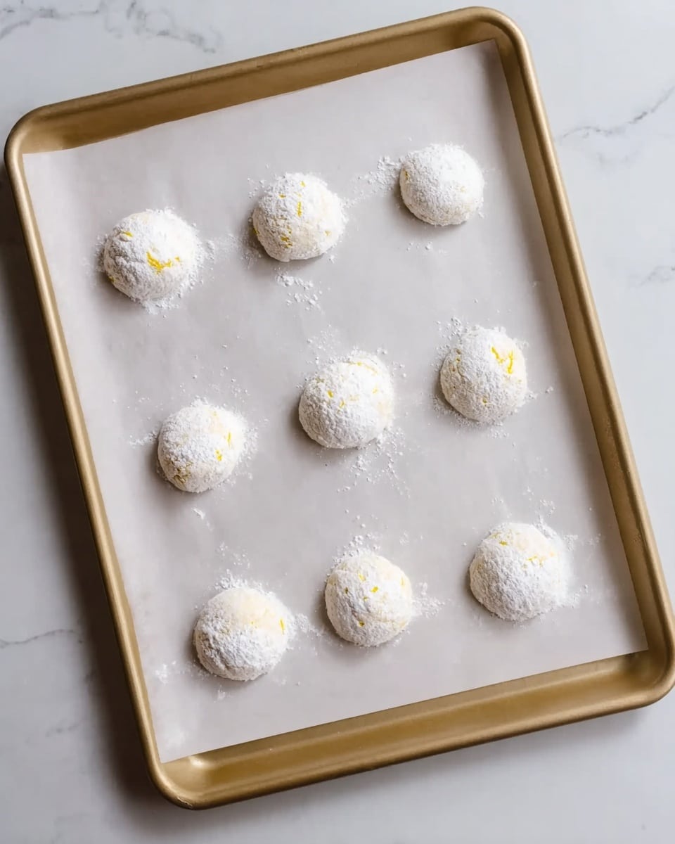 Seven round dough balls with a rough texture covered in white powdered sugar are placed evenly spaced on a baking sheet lined with white paper. The dough balls have small visible bits of yellow inside them. The baking sheet is light metallic, slightly gold-toned, and set on a surface with a white marbled texture. photo taken with an iphone --ar 4:5 --v 7