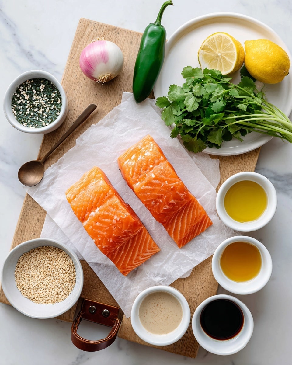 The image shows two raw salmon pieces with a bright orange color and smooth texture placed on white parchment paper, resting on a wooden cutting board with a leather strap, all set on a white marbled surface. Above the salmon, a white round plate holds three fresh ingredients arranged in a triangle: a bright green jalapeno, a light pink shallot, and a bunch of green cilantro with leafy texture. To the right of the plate are five small white bowls lined up vertically, each containing different condiments in various colors and textures: pale beige white miso, dark brown tamari, clear yellow lemon juice, pale yellow yuzu juice, and golden chili crisp oil on a spoon resting near the top left. At the bottom left corner, a small white bowl holds light beige sesame seeds, completing the arrangement with clear, vibrant colors in natural lighting. Photo taken with an iphone --ar 4:5 --v 7