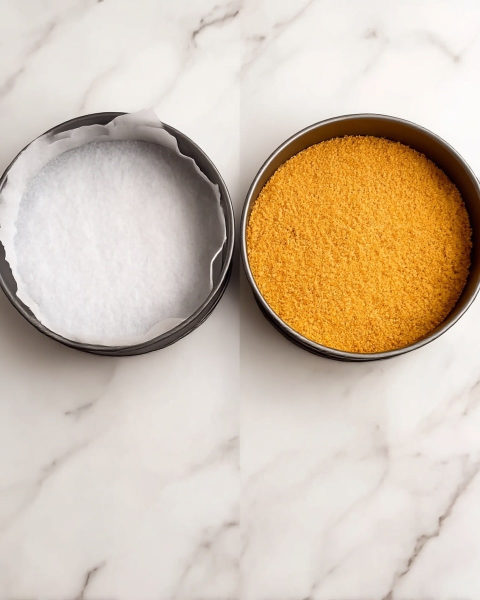 The image shows two round baking pans placed side by side on a white marbled surface. The pan on the left is empty but lined with white parchment paper, showing a smooth, flat base and dark gray sides. The pan on the right contains an even layer of golden-brown crumb crust pressed flat across the bottom and slightly up the sides, with a coarse, grainy texture. The background is a clean white marble surface, making the pans and their contents stand out clearly. Photo taken with an iphone --ar 4:5 --v 7