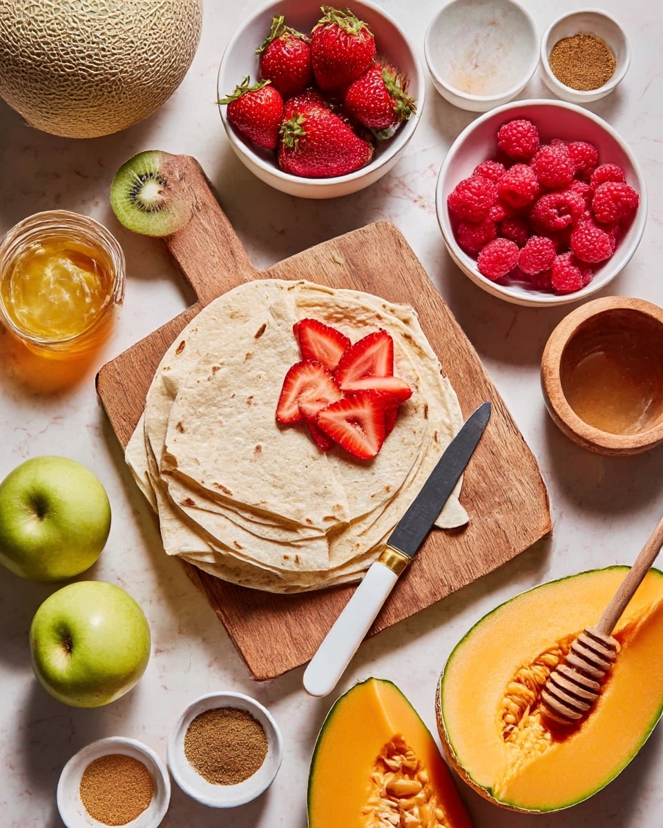 The image shows a wooden cutting board placed on a white marbled surface, holding a stack of round, light beige tortillas with some folded quarters on top and a small pile of sliced strawberries partly on tortillas. A small knife with a white and gold handle lies across the board. Surrounding the board, several white bowls contain fresh fruits: a bowl of whole strawberries, a bowl of red raspberries, and a bowl holding two whole and one halved kiwi. A green apple sits beside the board. Two halves of a cantaloupe melon lie on the white marbled surface near the cutting board, showing bright orange flesh and seeds. A small wooden bowl with a lemon and a glass jar filled with honey with a wooden honey dipper rest nearby. Two small white bowls hold ground spices, one with a gold spoon inside. photo taken with an iphone --ar 4:5 --v 7