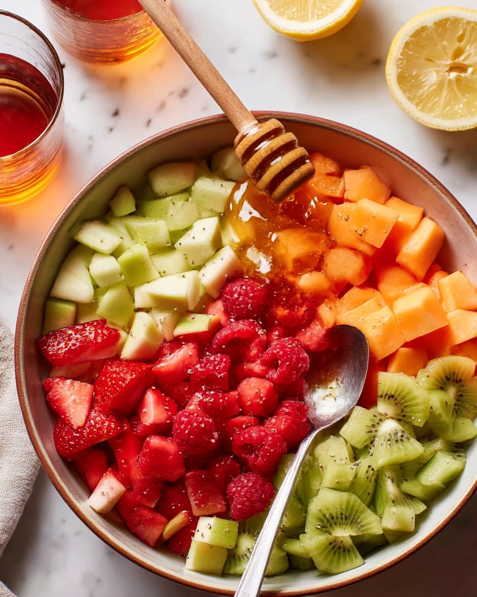 A round bowl filled with five sections of diced fruit arranged side by side: bright red strawberries on the left, light green apple pieces next to them, bright red raspberries in the center with honey drizzling over them from a wooden honey dipper, orange cantaloupe cubes at the top right, and green kiwi pieces on the bottom right. A spoon rests inside the bowl on the kiwi section. The bowl is on a white marbled surface with part of a squeezed lemon half and a glass with amber liquid visible in the background. Photo taken with an iphone --ar 4:5 --v 7