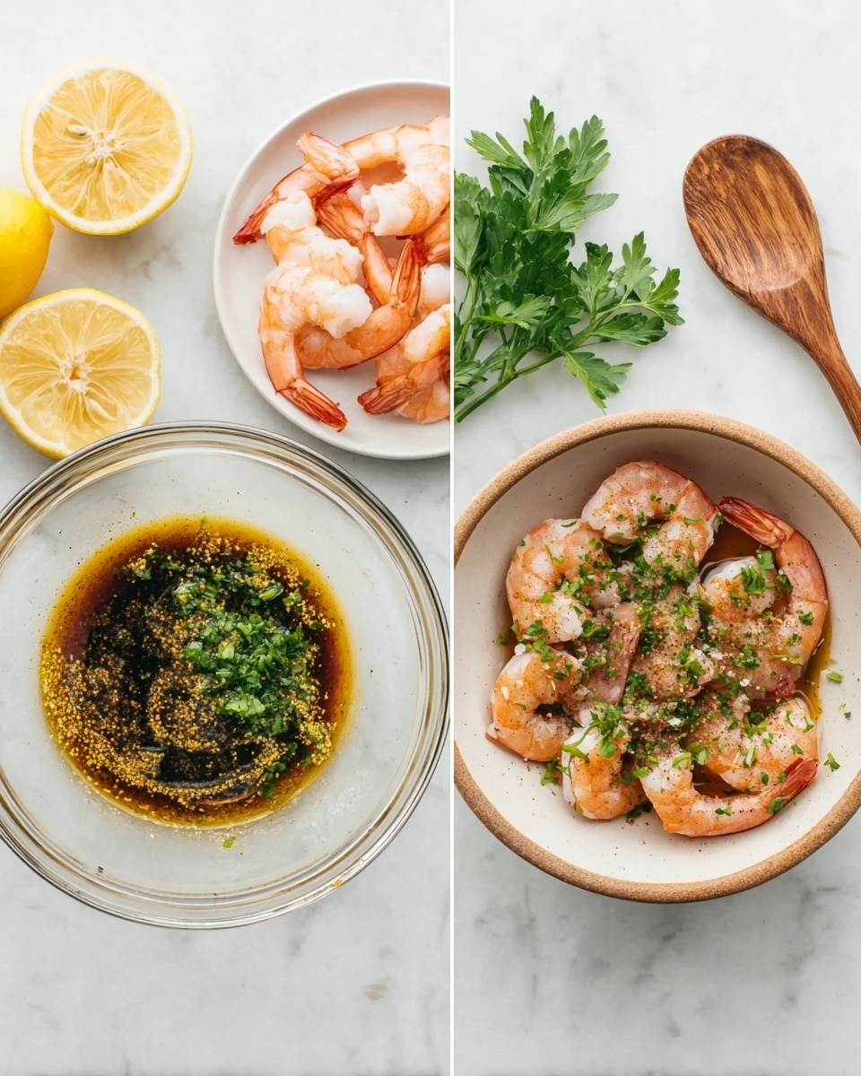 The image shows two side-by-side photos on a white marbled surface. On the left side, a white bowl with a clear glass rim holds a mixture of mustard, dark oil, and chopped green herbs in layers. Above the bowl, a small white plate holds peeled pink shrimp, and to the left, there are two lemon halves and some fresh green parsley. A wooden spoon rests on the right side of the bowl. On the right side, the same bowl is filled with the shrimp layered on top of the sauce, with bits of herbs scattered over the shrimp. The lemons, parsley, and wooden spoon stay in the same place. Photo taken with an iphone --ar 4:5 --v 7
