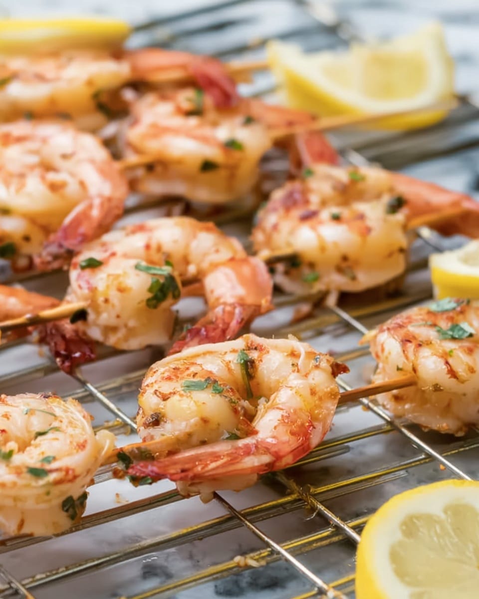 The image shows several cooked shrimp threaded on thin brown skewers, arranged on a metal grill rack. The shrimp are a light pinkish-orange color with some small green herb pieces on them, and their texture looks firm and slightly shiny. There are slices of bright yellow lemon placed around the shrimp, adding a fresh contrast. The background surface is a white marbled texture that softly reflects the light. Photo taken with an iphone --ar 4:5 --v 7