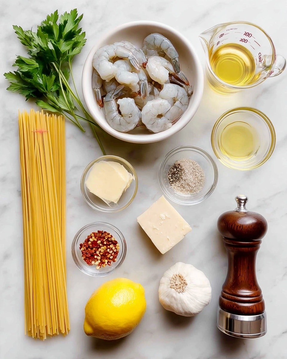The image shows various cooking ingredients neatly arranged on a white marbled surface. There is a bundle of long yellow pasta laying flat on the lower left side, next to a bunch of fresh green parsley and a bright yellow lemon. Above the pasta is a white bowl filled with raw grayish shrimp. Moving rightward, there are small clear glass bowls containing light yellow butter, crushed red pepper flakes, and white salt and pepper. A whole garlic bulb sits near the center-right, and a wooden pepper grinder with silver accents lies horizontally beside it. There is also a small clear glass measuring cup with pale yellow olive oil on the upper right side. A small block of pale Parmesan cheese is placed near the lemon. Each item is spread out cleanly with good spacing, emphasizing their colors and textures. Photo taken with an iphone --ar 4:5 --v 7
