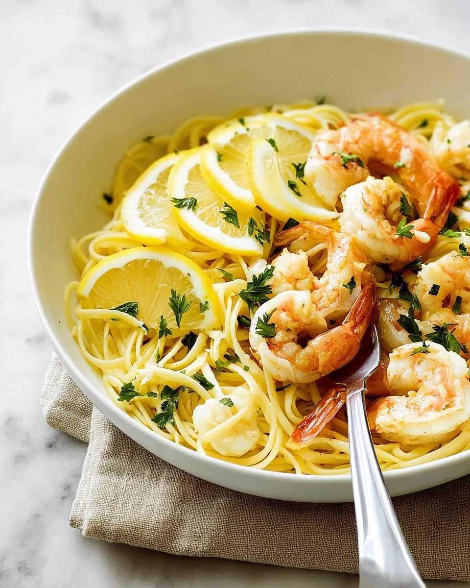 A white bowl filled with a three-layered dish where the bottom layer is long, yellow spaghetti noodles with a smooth texture, the middle layer is several cooked shrimp with a pink and orange color and a shiny surface, and the top layer consists of thin lemon slices with a bright yellow color and fresh green parsley leaves scattered on top. A silver fork is placed inside the bowl on the right side. The bowl is set on a beige cloth on a white marbled surface. Photo taken with an iphone --ar 4:5 --v 7