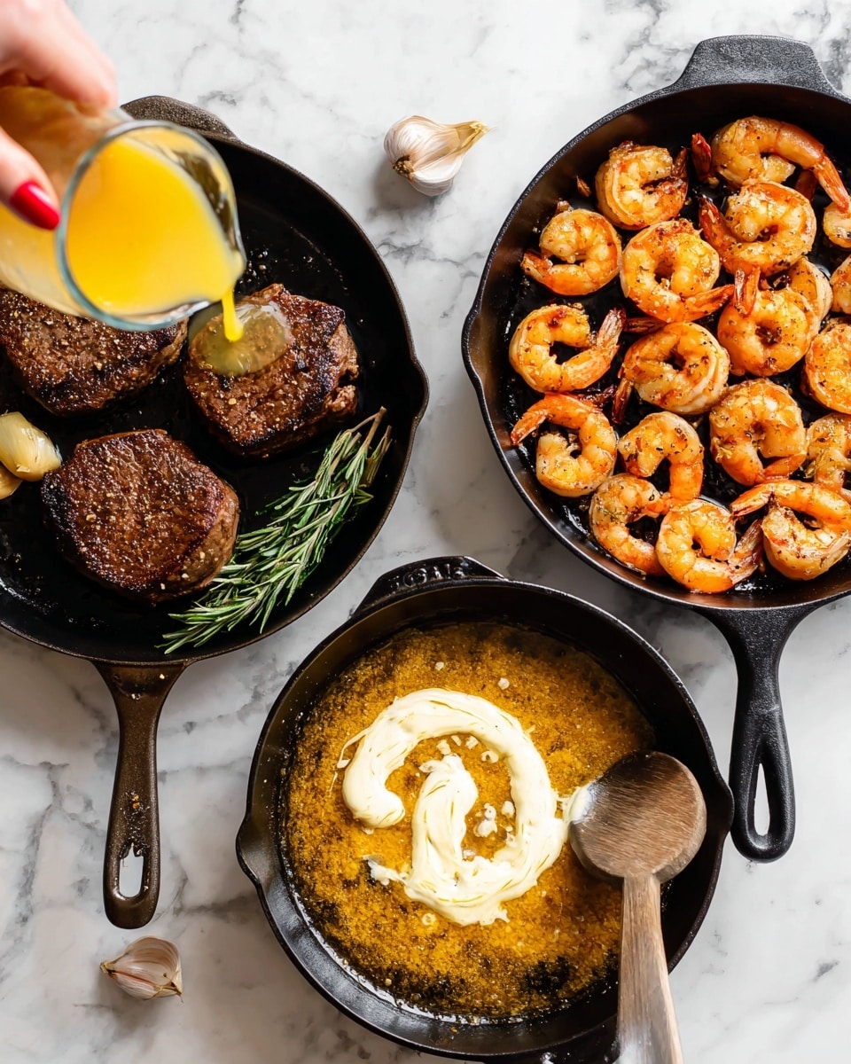 The image shows three black cast iron pans placed side by side on a white marbled surface. In the first pan on the left, a woman's hand with red nail polish is pouring buttery liquid over two seared brown round pieces of meat, with some garlic cloves and rosemary sprigs around them. The middle pan is filled with many cooked shrimp that are orange in color, slightly curled, and spread evenly across the pan's surface. The right pan contains a golden brown base with a swirl of white cream being poured from a glass jug, with a wooden spatula resting inside. photo taken with an iphone --ar 4:5 --v 7