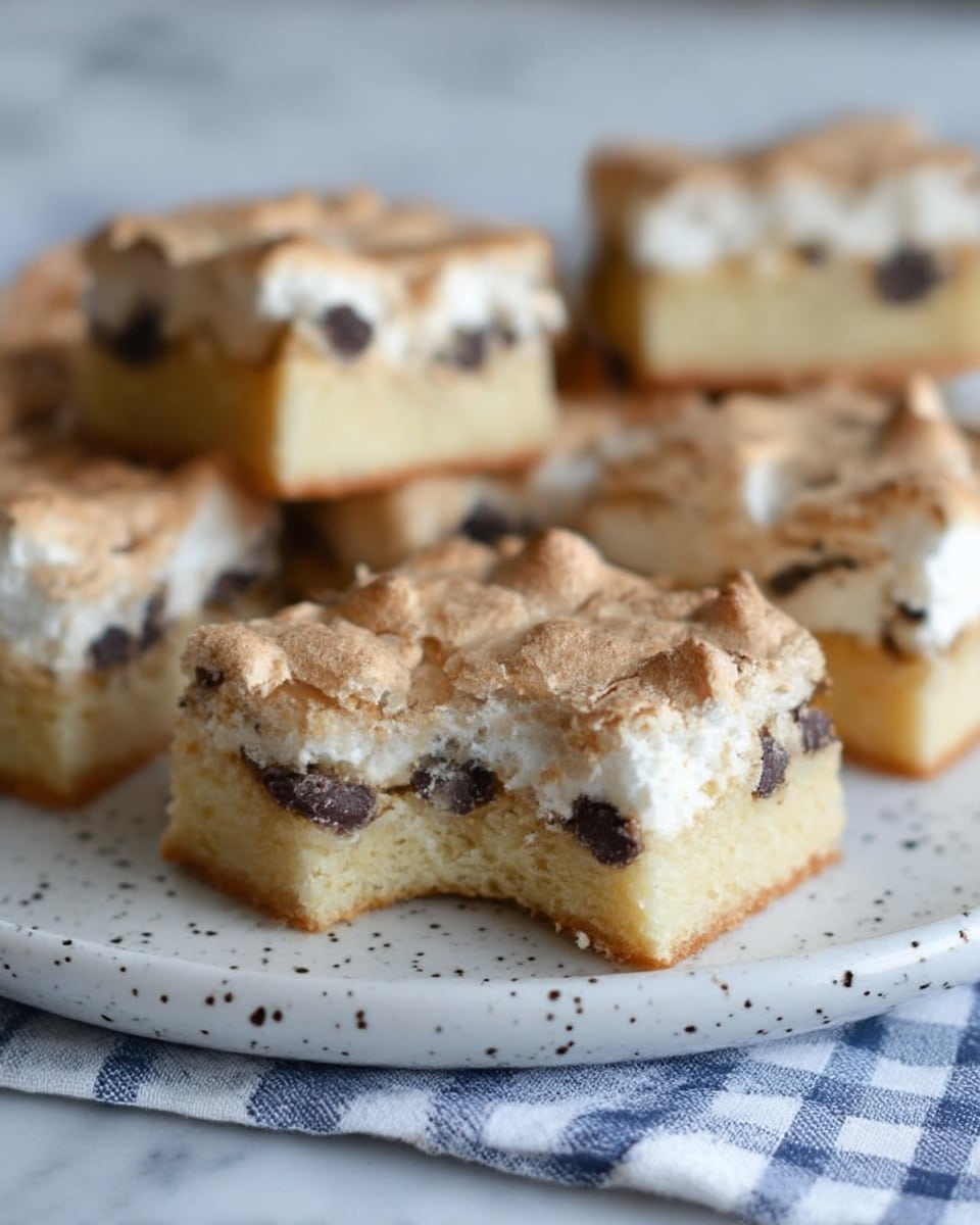 The image shows a clear glass baking dish filled with a dessert made of three visible layers. The bottom layer is a dense, crumbly crust with a golden-brown color. Over this crust is a thick light brown layer with small chocolate chips and white mini marshmallows spread evenly on top. On top of this, a woman’s hand holds a spatula spreading a thick, creamy light beige frosting layer across the marshmallows and chocolate chips. The dish is sitting on a white marbled surface. The scene is bright with a soft and clean look, photo taken with an iphone --ar 4:5 --v 7