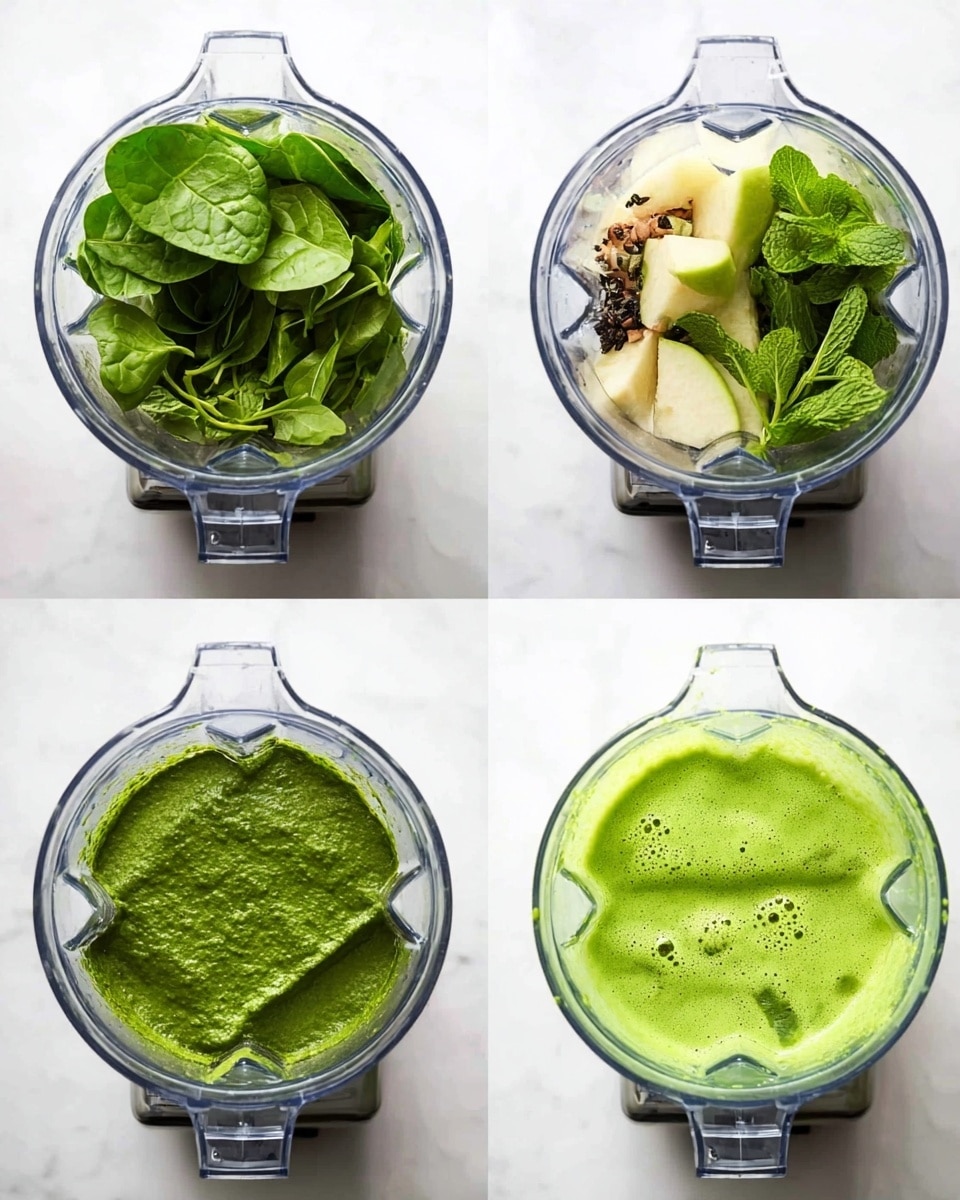 The image shows four top-down views of a blender in sequence. The first layer has fresh green leaves inside the blender, with bright and dark green colors and leafy textures. The second layer shows a thick, dark green blended paste filling the blender. The third layer adds light-colored fruit chunks, a few dark seeds, and fresh mint leaves on top of the green paste. The last layer presents a smooth, light green liquid with a few small bubbles on the surface. The blender sits on a white marbled background. photo taken with an iphone --ar 4:5 --v 7