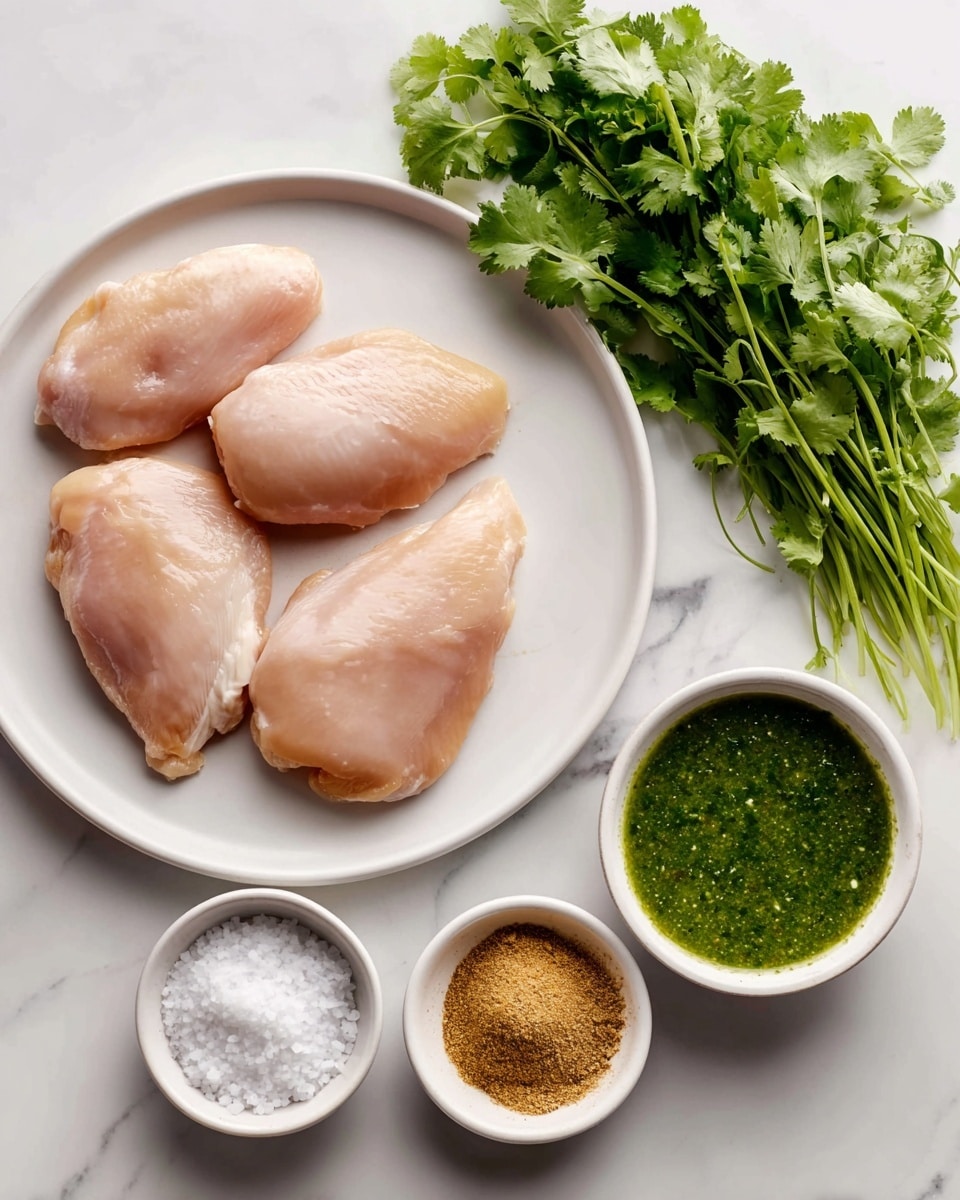 The image shows a white plate with four raw chicken pieces arranged on it, placed on a white marbled surface. To the left, there is a bunch of fresh green cilantro with long stems and leaves. Below that, a small white bowl holds coarse white salt, and next to it, there is a small pile of ground cumin with a light brown color. To the right of these, there is a white bowl filled with a green salsa verde, smooth in texture. The ingredients are spaced neatly around each other, creating a clean and organized look. Photo taken with an iphone --ar 4:5 --v 7