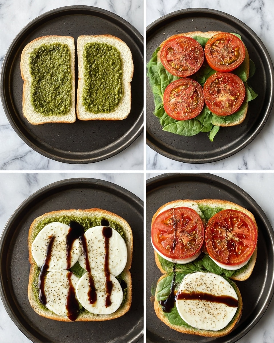 The image shows a four-step making of a sandwich on a dark round tray placed on a white marbled surface. The first step has two slices of white sandwich bread with a thick green pesto spread evenly on each slice. The second step shows one slice with the same green pesto spread topped with three round, red tomato slices with a sprinkle of herbs. The third step adds fresh, dark green spinach leaves on top of the tomato slices, with a drizzle of dark balsamic glaze. The final step completes the sandwich with two round slices of white mozzarella cheese placed over the spinach, also drizzled with balsamic glaze and lightly sprinkled with black pepper photo taken with an iphone --ar 4:5 --v 7