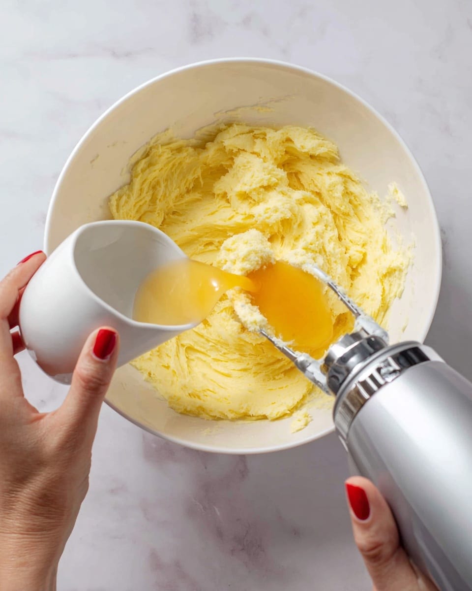 A close-up view shows a white bowl filled with fluffy yellow buttercream being mixed by a silver electric hand mixer held by a woman's hand with red nail polish. Another woman's hand is holding a small white cup tilted inside the bowl, pouring a thick orange-yellow liquid into the buttercream mix. The bowl is resting on a white marbled surface. photo taken with an iphone --ar 4:5 --v 7