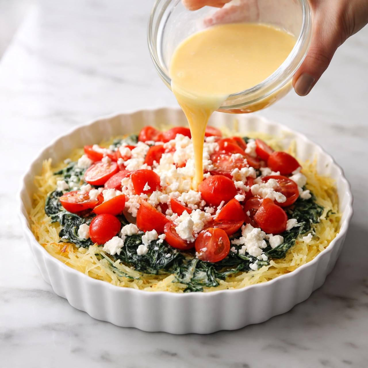 The image shows a white tart pan filled with a base layer made of light yellow shredded potatoes pressed down firmly, creating a rough texture and thin crust. On top of the potato base, there is a bright green layer of sautéed spinach with a soft and slightly wilted texture, sprinkled evenly. Scattered on the spinach, there are halved red cherry tomatoes, some cut to show their juicy insides, giving a fresh and vibrant look. Small white crumbles of cheese are lightly spread between the spinach and tomatoes, adding contrast. A woman’s hand is pouring a smooth, pale yellow egg mixture from a clear glass bowl over the layers. The whole dessert sits on a white marbled surface. photo taken with an iphone --ar 4:5 --v 7