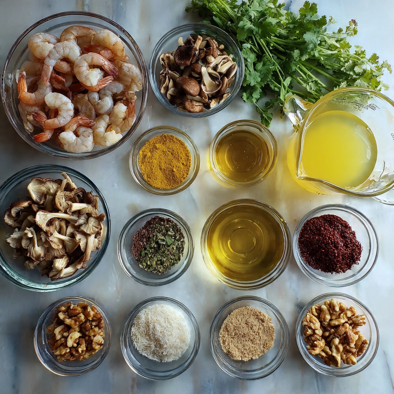 The image shows several small clear glass bowls placed on a white marbled surface, each one filled with different cooking ingredients. There is a large clear glass bowl with raw shrimp mixed with mushrooms on the upper left, and another large clear glass bowl full of sliced mushrooms lower on the left side. On the right side, there is a large clear glass measuring jug filled with yellow broth. Around these, small clear bowls hold a variety of ingredients including a light yellow paste, a reddish powder, finely chopped garlic and nuts, white powder, and some light-colored liquids. The items are all neatly arranged in rows and columns, with some clear bowls partially shadowed. A bunch of green cilantro is placed casually on the upper left corner. The setup is clean and bright, with all elements clearly visible. Photo taken with an iphone --ar 4:5 --v 7