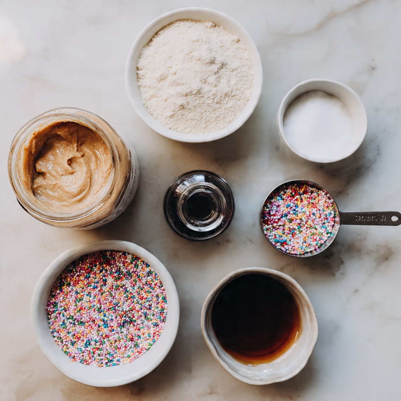 The image shows five items placed on a white marbled surface: a jar of almond butter with a beige label and white lid on the left, a white bowl filled with a off-white powder at the top right, a small glass bottle with a dark liquid and black cap in the center, a metal measuring cup filled with a dark syrup on the right, a small white bowl filled with colorful sprinkles on the bottom left, and a small white bowl with a brown liquid on the bottom right. A woman's hand is not visible in this image. photo taken with an iphone --ar 4:5 --v 7