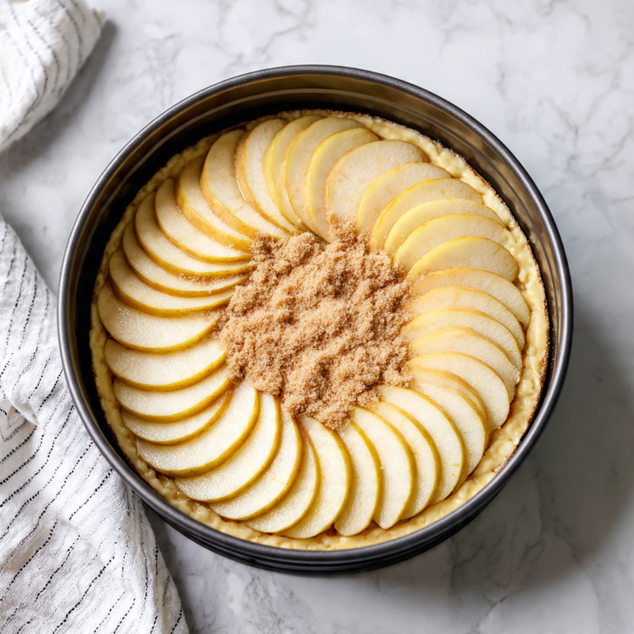 A round springform pan holds a prepared apple cake ready to bake. The cake has three visible layers: the bottom batter layer is creamy pale yellow, topped with thin, bright white apple slices arranged in a circular overlapping pattern covering the entire surface. On top of the apple slices is an even layer of light brown, fine crumbly cinnamon sugar spread across the cake. The pan sits on a white marbled surface with a striped white cloth partially visible at the bottom left corner. Photo taken with an iphone --ar 4:5 --v 7