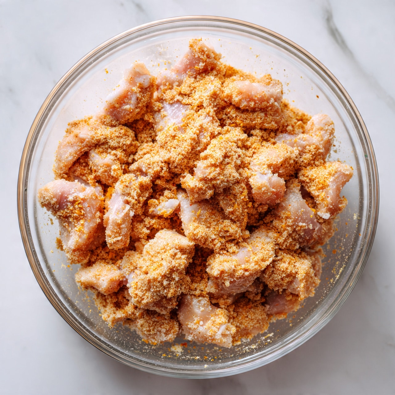 A clear glass bowl filled with many small pieces of raw chicken tossed in a dry mix of light orange and beige spices, giving them a powdery texture, all piled loosely inside the bowl with some pieces showing white and pink raw meat underneath the spice coating, placed on a white marbled surface photo taken with an iphone --ar 4:5 --v 7