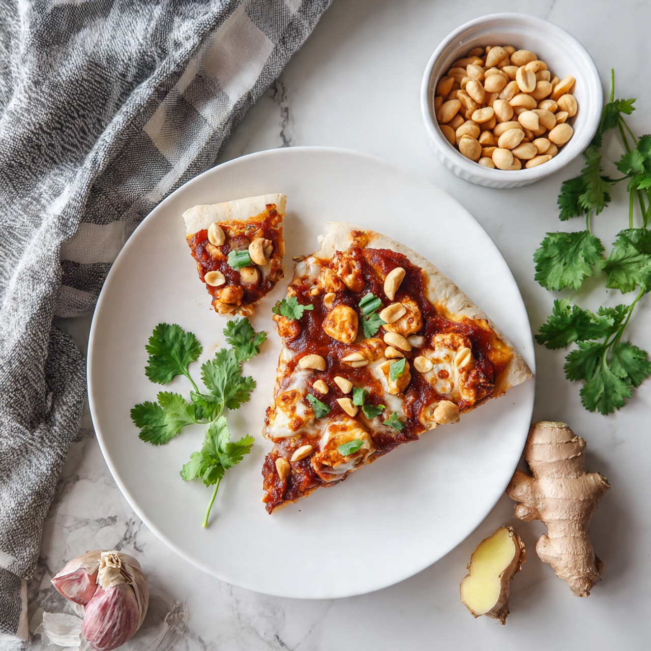 A white plate holds one slice of pizza with two visible layers: the base is a pale, thick, soft crust, and the top layer consists of a rich, reddish-brown sauce with melted cheese, small white pieces of chicken, scattered light brown peanuts, bits of green herbs, and thinly sliced light tan onions. To the top right of the plate, a small white bowl is filled with pale brown peanuts. Fresh green cilantro sprigs and pieces of light brown ginger and raw white garlic cloves lie on the white marbled surface near the plate. A folded grey and white striped cloth is behind the bowl. Photo taken with an iphone --ar 4:5 --v 7