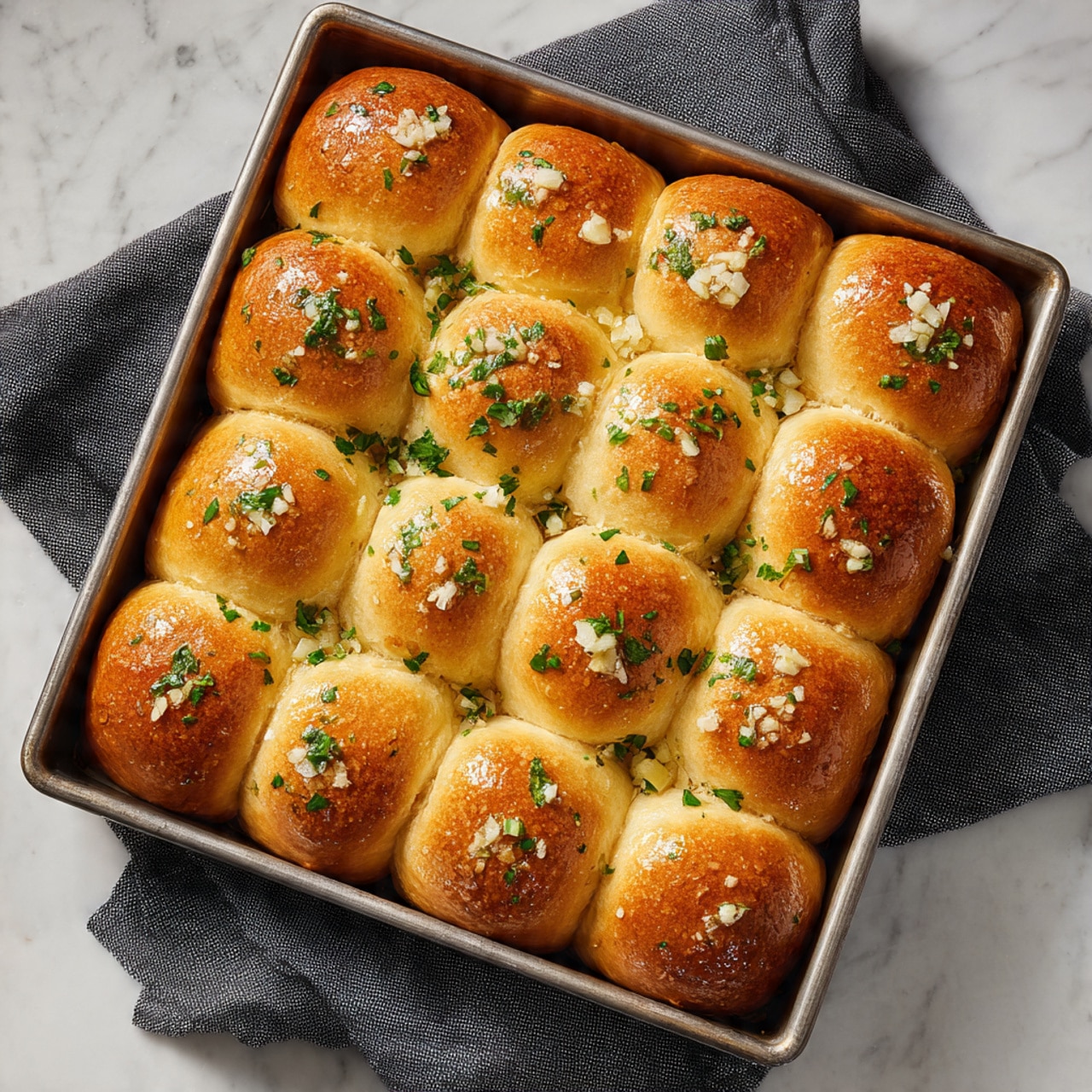A square metal baking tray is filled with 24 soft golden brown dinner rolls arranged in a 6 by 4 grid. Each roll has a shiny top, lightly brushed with butter, and small chunks of garlic and finely chopped green herbs scattered on them. The rolls have a fluffy texture, slightly touching each other on the sides, showing soft white bread inside at the edges. The tray is placed on a dark gray cloth on a white marbled surface. The overall look is warm, inviting, and fresh, suggesting the rolls have just come out of the oven photo taken with an iphone --ar 4:5 --v 7