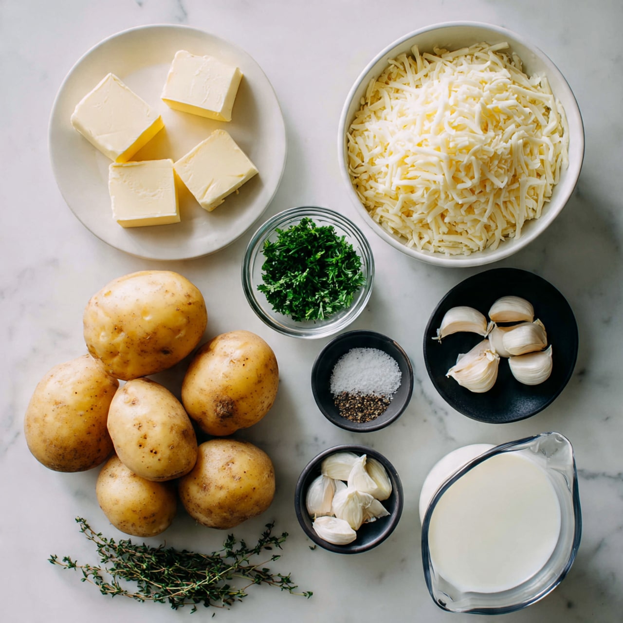The image shows ingredients for a recipe arranged on a white marbled surface. There is a white bowl filled with three types of cheese shredded together, showing white mozzarella, pale yellow gruyere, and light orange cheddar mixed in one layer. Next to it, a small bowl with bright green chopped parsley adds a fresh touch. There is a clear glass bowl with three pieces of pale yellow unsalted butter. Below, there are four whole potatoes with light brown skin arranged in one group. A small gray dish contains salt and black pepper side by side. Nearby, sprigs of fresh thyme with green leaves are laid out. A small black bowl holds four peeled garlic cloves, creamy in color. Finally, a clear measuring cup holds white milk. Everything is laid out neatly with clear spacing and good lighting photo taken with an iphone --ar 4:5 --v 7