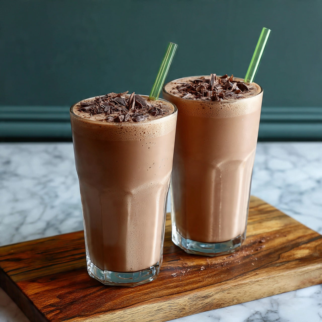 Two tall clear glasses filled with a smooth, light brown chocolate drink, each topped with small dark chocolate shavings scattered on the surface. One glass has a slightly bent green glass straw while the other has a bent clear glass straw, both placed near the center of the drinks. The glasses sit on a wooden board with visible grain patterns, and the background shows a white marbled surface with a muted dark green wall. Photo taken with an iphone --ar 4:5 --v 7