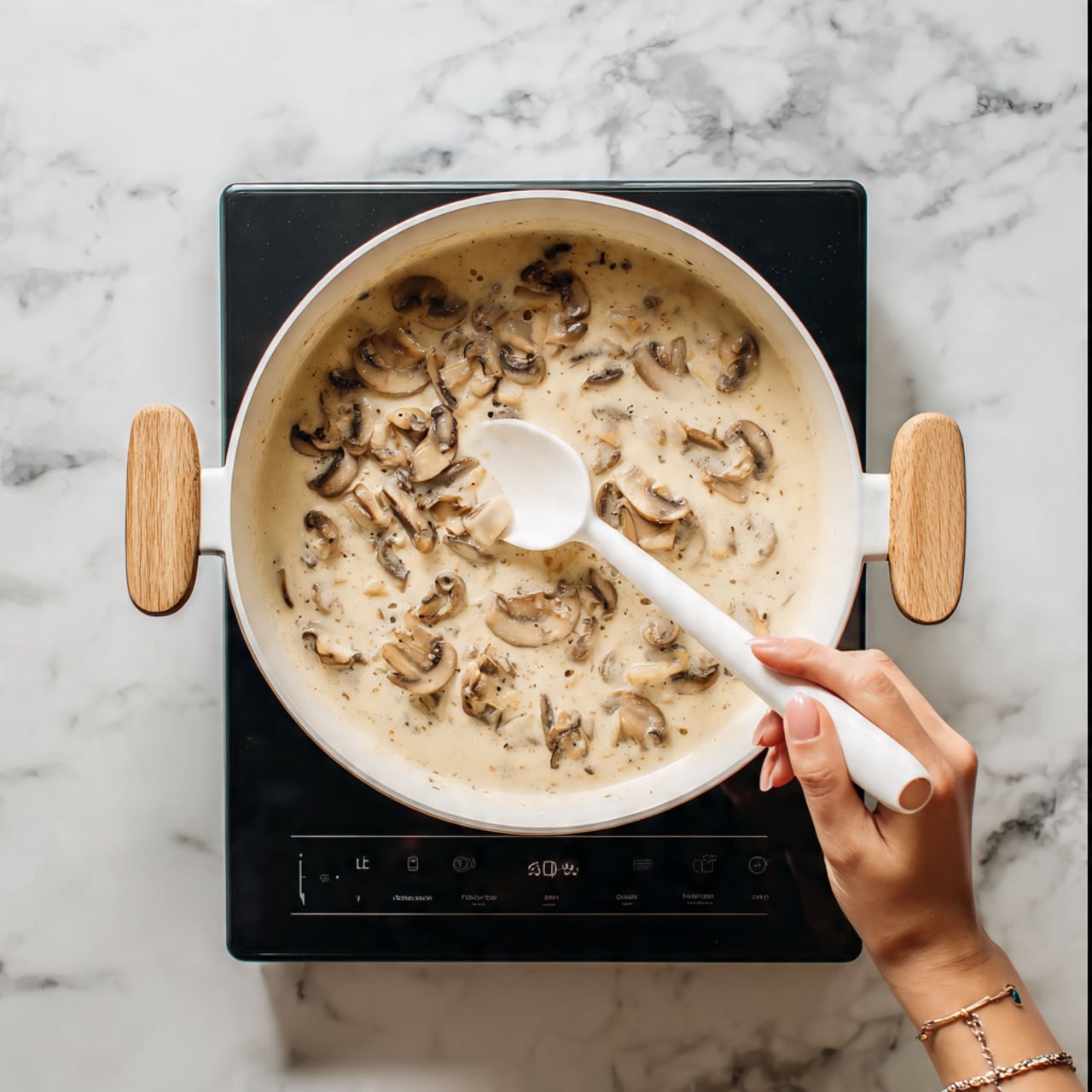 A large white pot with light wooden handles sits on a black electric stove with digital display. Inside the pot, there is a creamy light beige sauce filled with many thinly sliced brown mushrooms floating and spreading evenly across the surface. A woman's hand holds a white spoon stirring the mixture gently, showing the texture of the sauce as smooth and thick. The background is a white marbled surface with faint gray veins. photo taken with an iphone --ar 4:5 --v 7