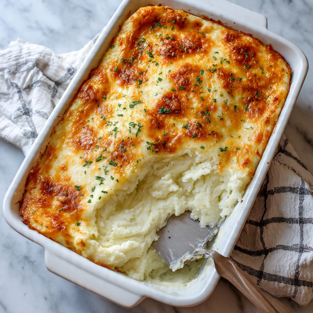A white rectangular baking dish holds a layered dish with a golden brown top layer of melted cheese that looks crispy in places, sprinkled with green herbs. The top layer has been partially scooped out with a metal spatula, revealing a thick, creamy, white mashed layer underneath, visible with a smooth texture. The dish rests on a white marbled surface with a checkered cloth nearby. photo taken with an iphone --ar 4:5 --v 7