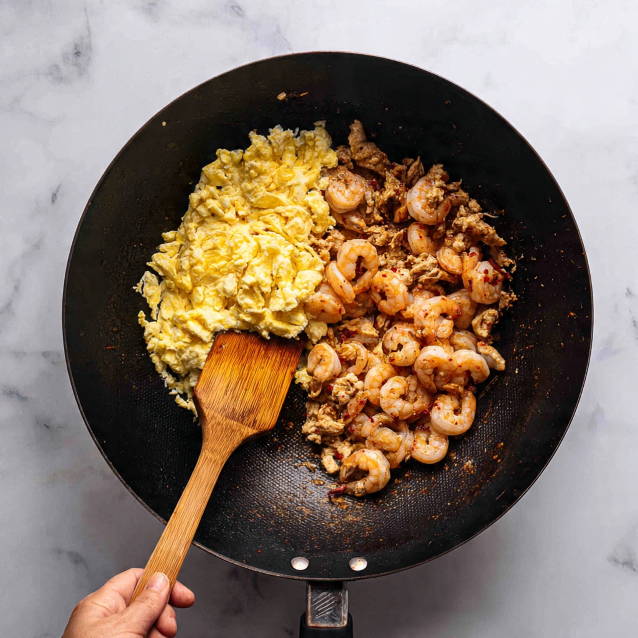 In a black wok placed on a white marbled surface, there are two main layers of cooked food: on the left side, a yellow scrambled egg layer with a soft and slightly fluffy texture, and on the right side, a mix of small, browned shrimp with a pinkish-orange hue and pieces of cooked chicken with a light brown color and slightly charred edges. A wooden spatula rests inside the wok on the left part, near the scrambled eggs, with a woman's hand holding it from behind, showing part of the wooden handle. The wok shows signs of light cooking marks and some oil around the edges. Photo taken with an iphone --ar 4:5 --v 7