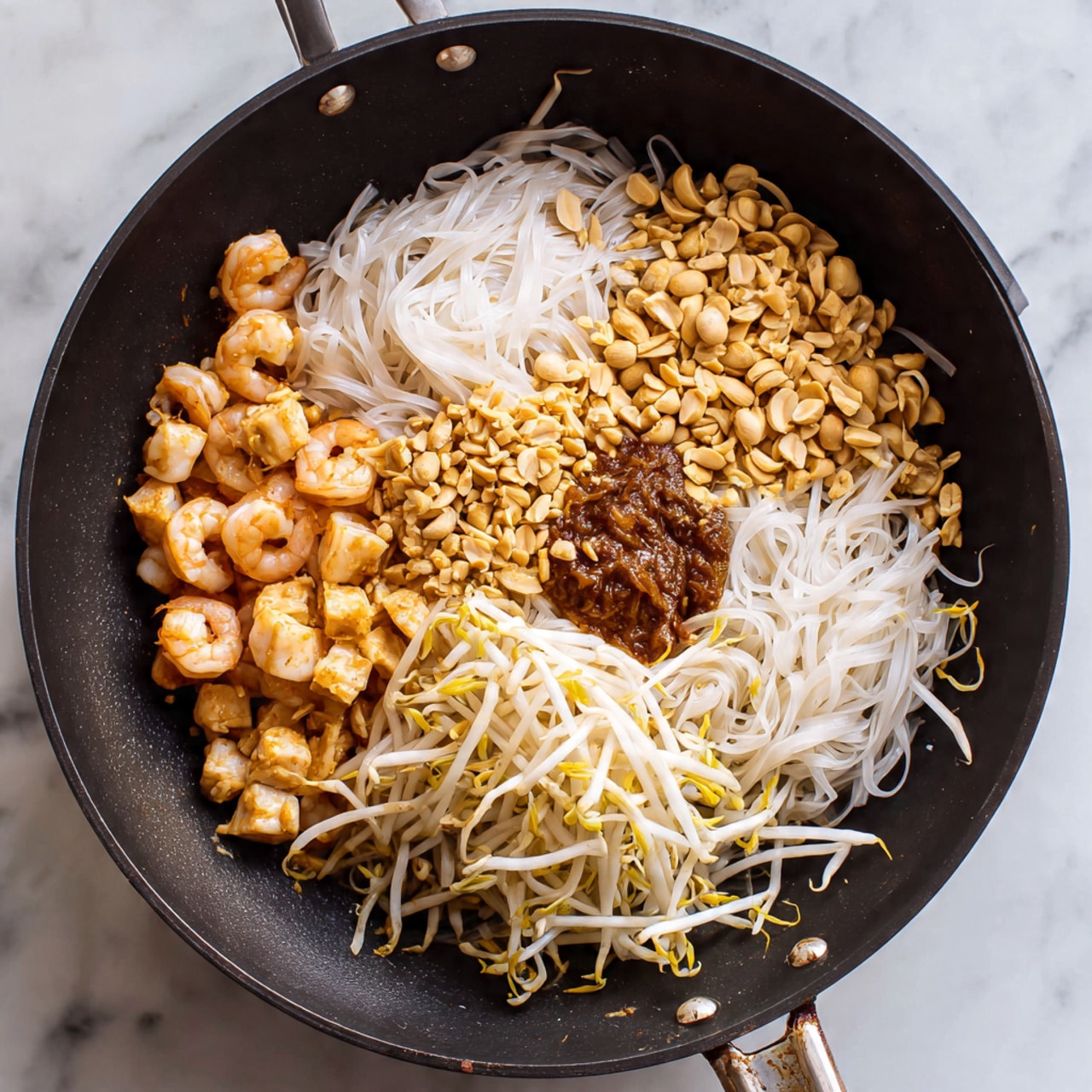 A black wok filled with several layers of ingredients starting with a base of cooked shrimp and light brown pieces, likely tofu or chicken, placed along the edges. On top of these, there is a generous pile of plain white rice noodles with a smooth texture, partially covered by a dark brown sauce in the center. Adjacent to the noodles is a bunch of light beige bean sprouts, adding a fresh crunch. The dish is topped with a scattering of light brown peanuts, adding texture and color contrast. The wok rests on a white marbled surface. photo taken with an iphone --ar 4:5 --v 7