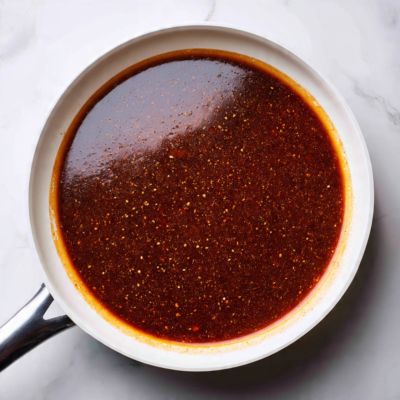 A white pan filled with a smooth, thick dark brown sauce that has a slightly glossy surface and tiny specks of seasoning visible throughout. The pan handle is visible on the left side, resting on a white marbled texture background. The sauce fills almost the entire pan, creating a flat, even layer. photo taken with an iphone --ar 4:5 --v 7
